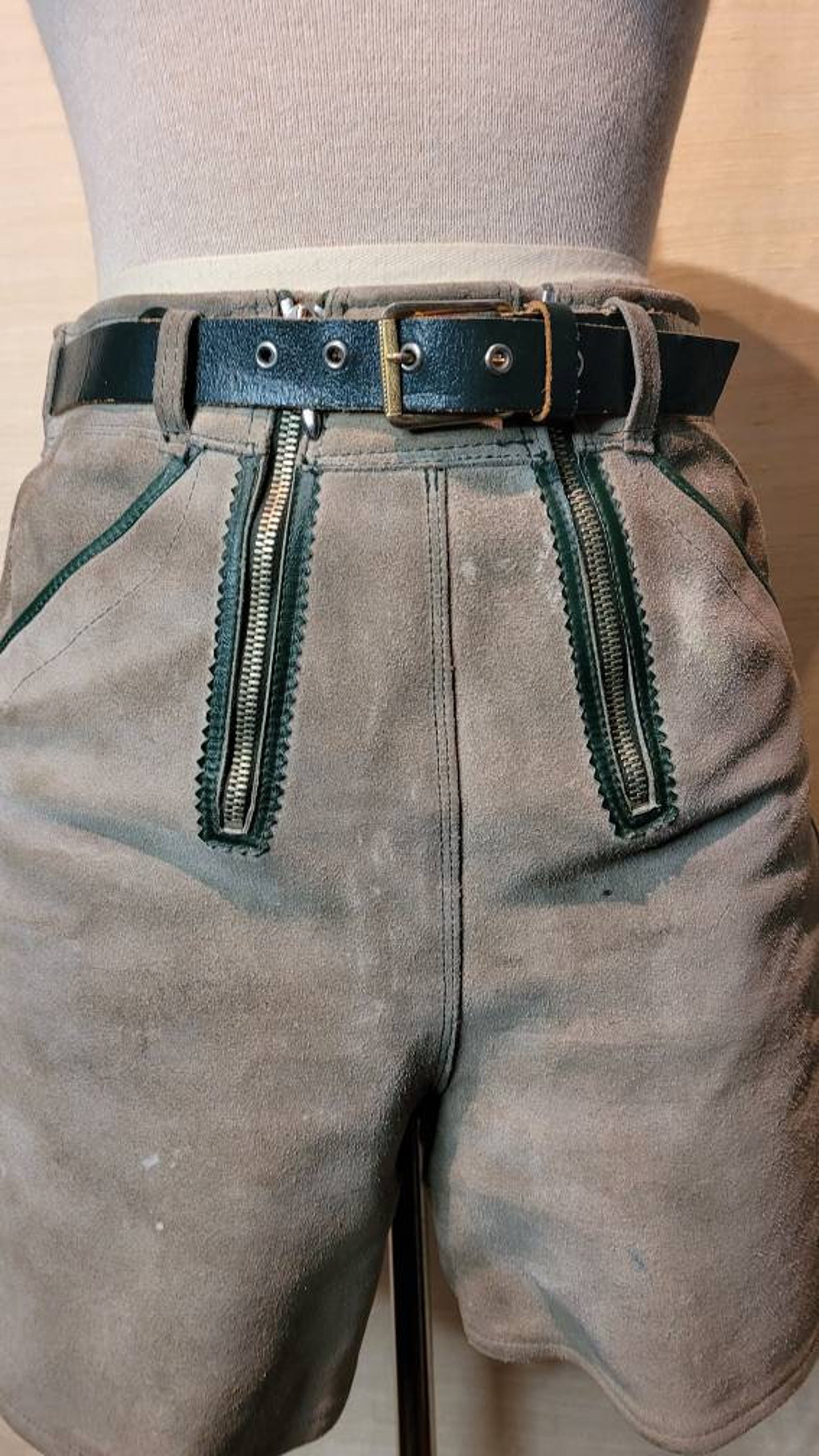 Womens Black Suede Lederhosen Shorts with Green Embroidery main image 1