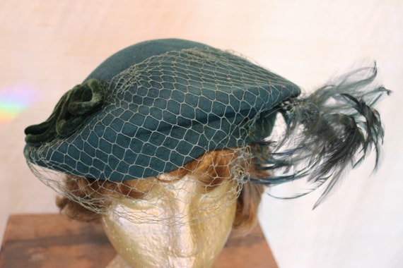 1940s Vintage Blue-Green Wool Felt Flat Cap Hat w… - image 5