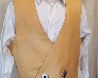 Handmade Southwestern Style Men's Tan Leather Vest with Linen Back and Concho Buttons
