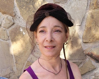 1940s Vintage Brown Velvet "Jockey Cap" Cloche Hat with Face Veil