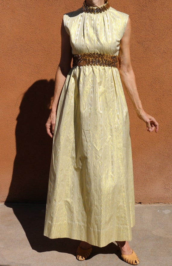 1970s Vintage Handmade Patterned Gold Lame Gown with Gold Sequin Trim