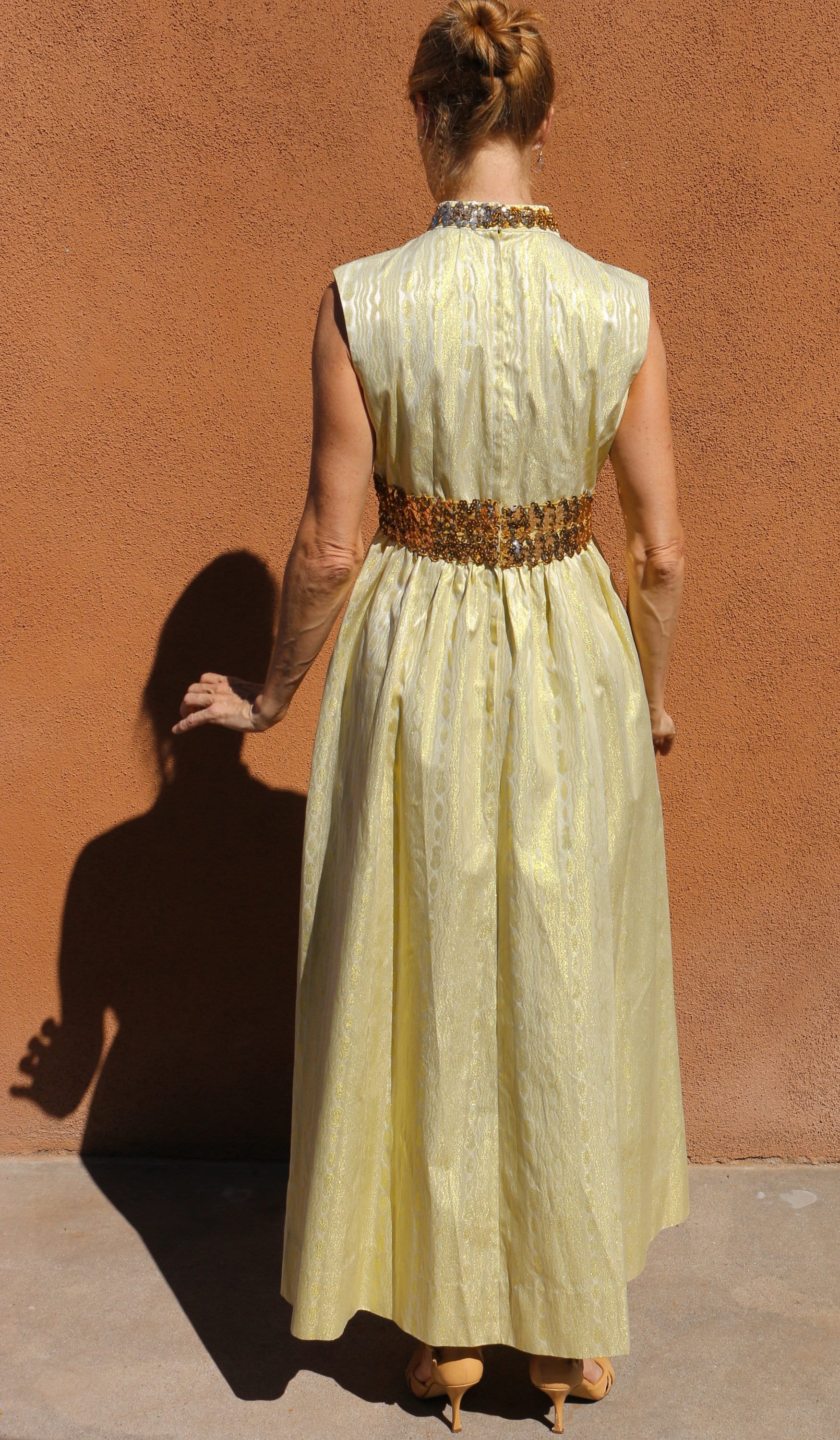 slim fit dress slacks 1930s Gold Lame Dress with Ruched Bodice and Sleeve Detail main image 1