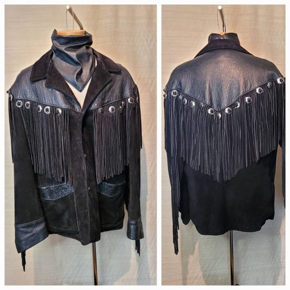 1980s Vintage Schott NYC Western Fringe Black Lea… - image 1