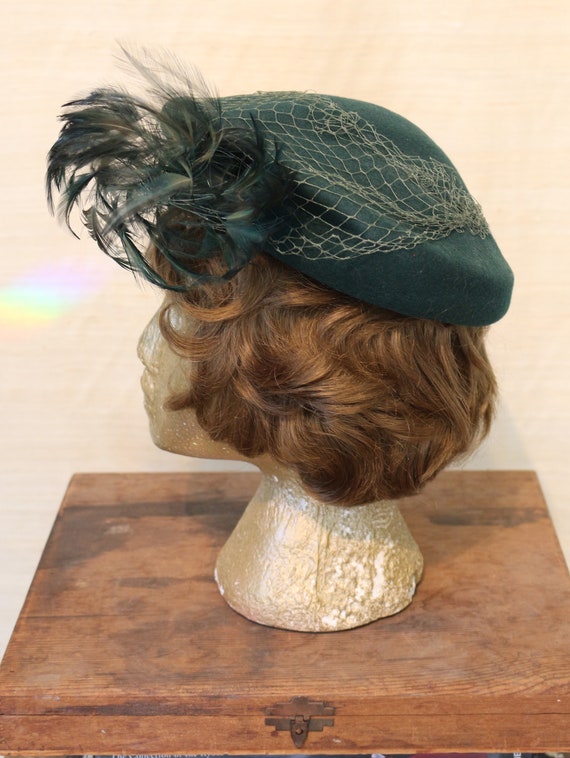 1940s Vintage Blue-Green Wool Felt Flat Cap Hat w… - image 3