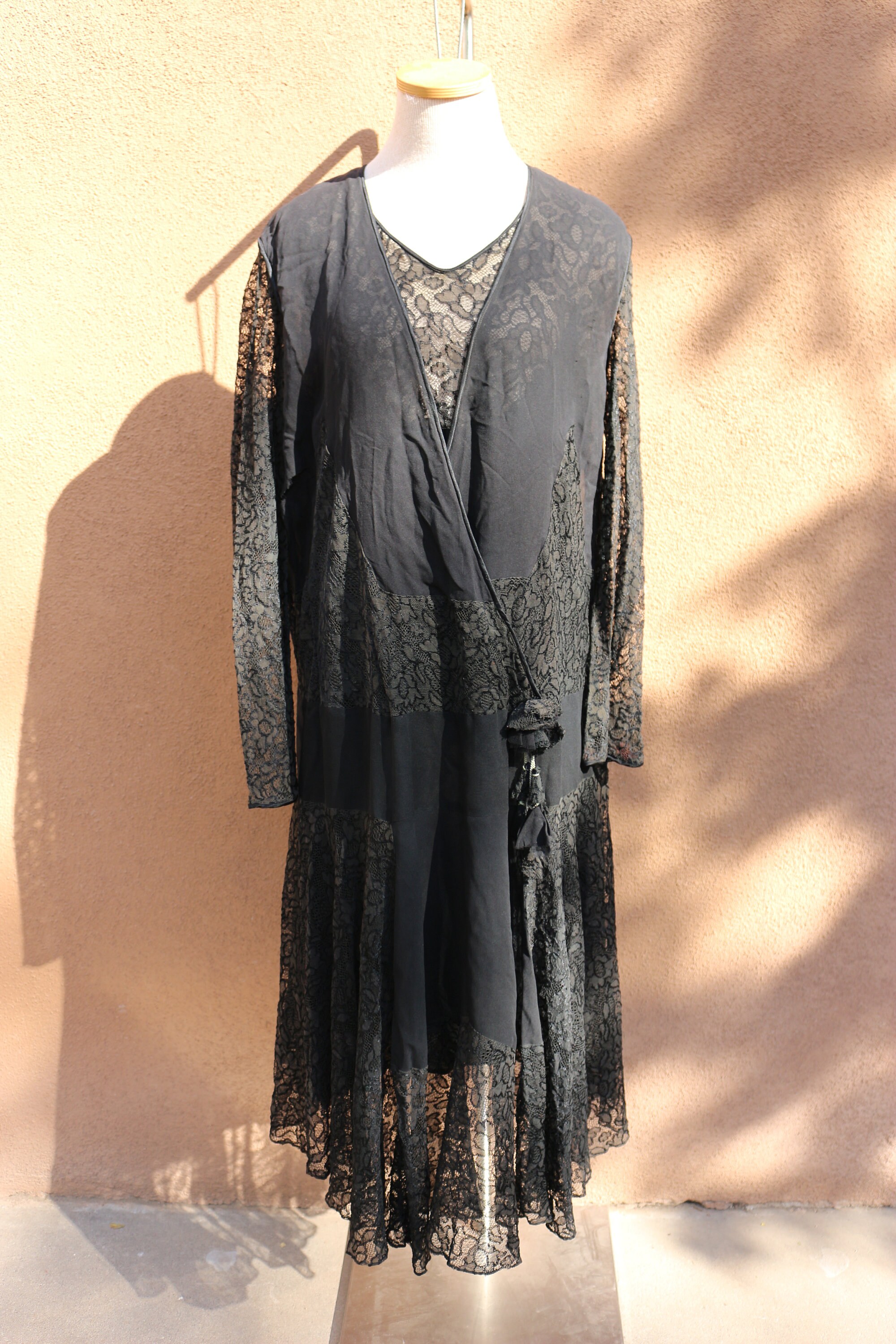 knee length dresses for ladies Vintage 1920s Black Sheer Chiffon & Lace Flapper Dress