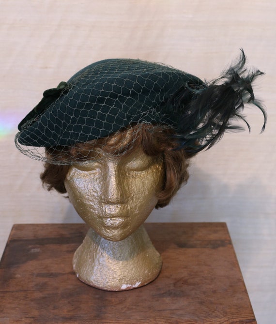 1940s Vintage Blue-Green Wool Felt Flat Cap Hat w… - image 1