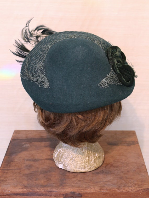 1940s Vintage Blue-Green Wool Felt Flat Cap Hat w… - image 4