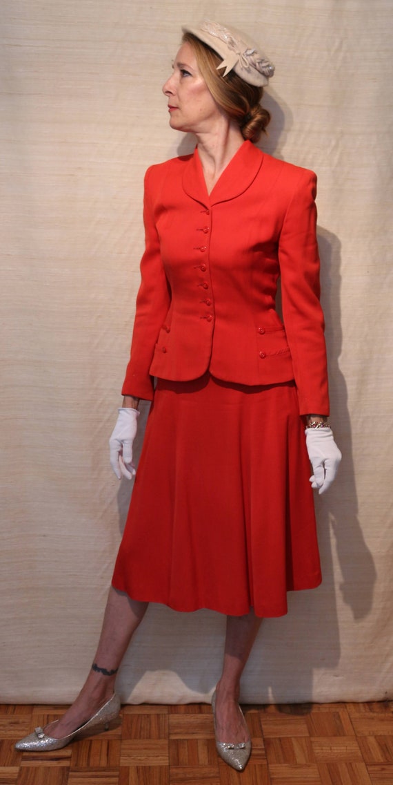 1940s Vintage Zim Tomato Red 2 Piece Skirt Suit Se
