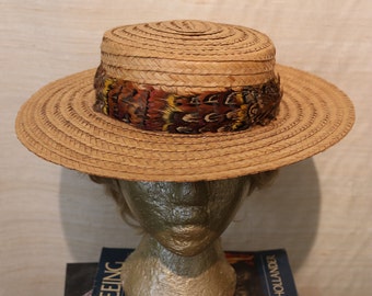 1950s Vintage Flat Brimmed Woven Straw Boater w/ Detachable Feathered Hat Band