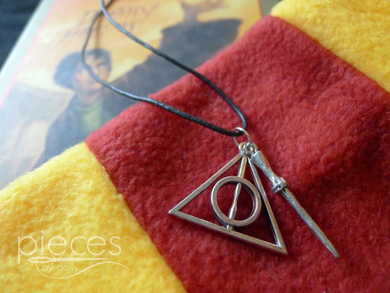 Deathly Hallows & Wand Pendant Necklace with opt. Hogwarts image 1
