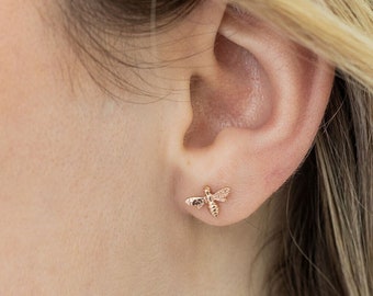 Tiny rose gold bee stud earrings - bee jewellery gift.