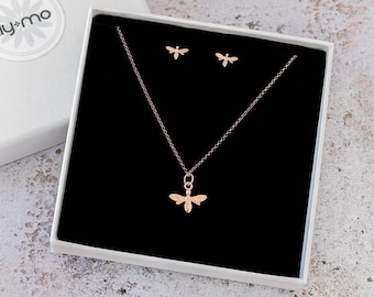 Rose gold vermeil bee jewellery set - necklace and stud earrings.