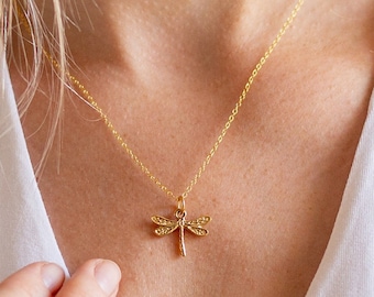 Gold dragonfly pendant necklace - gift for nature lovers.