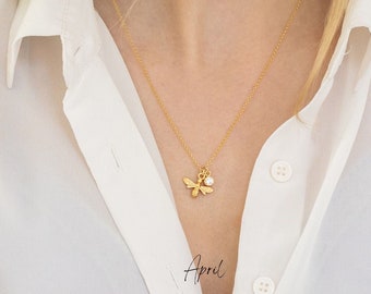 Gold bee & birthstone charm necklace - January to December