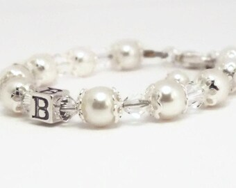 bracelet baby pearl birthstone baptism christening initial shower gift
