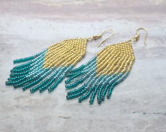 Seed Bead Tassel Earrings, Fringe Earrings, Dangle Earrings, Gold and Turquoise Jewelry, Gift for Mom, Gift for Her, Drop Earrings