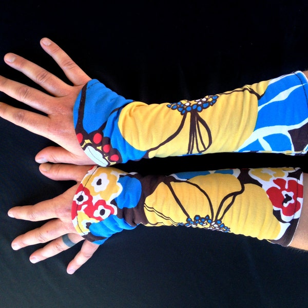Reversible Flower Print and Striped Wrist/Arm Warmers, Stulpen, Fingerless Gloves