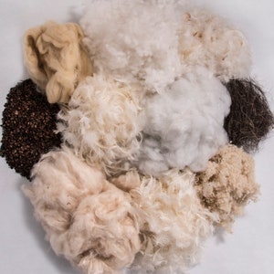 May include: A selection of natural fibres, including cotton, wool and down, in a range of colours, including white, brown and black.