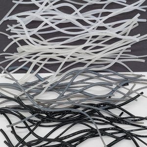 May include: A collection of thin, flexible cords in three colors: white, gray, and black. The cords are arranged in a random pattern, with some of the cords overlapping.