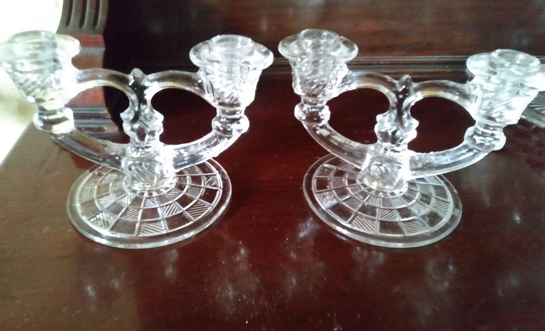 Pair of Vintage Imperial Clear Glass Double Candle Holders Etsy
