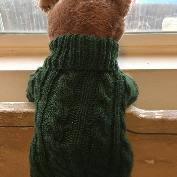 Cabled Dog Sweater Knitting Pattern. Pattern in only xxs to xl. larger sizing is for pre made sweaters only.