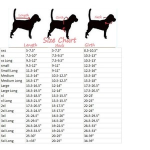 May include: Size chart for dog harnesses, showing measurements in inches for length, neck, and girth. The chart includes sizes from XXS to 5XL Long.