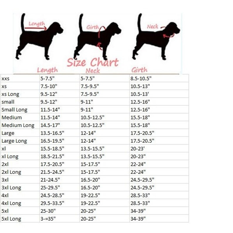 May include: Size chart for dog harnesses, showing measurements in inches for length, neck, and girth. The chart includes sizes from XXS to 5XL Long.