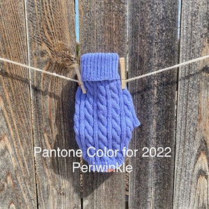 May include: A knitted purple sweater for a pet, hanging on a wooden fence with clothes pegs. The text "Pantone Color for 2022 Periwinkle" is below the sweater.