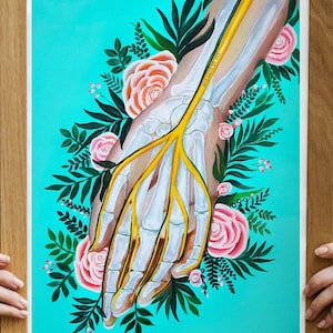 anatomy art skeleton hand print, hand bone art, hand muscles, skeleton hand, florals, carpal tunnel, Anatomical Medical Art print, surgeon