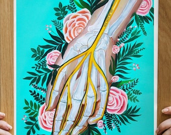 Hand bones Anatomy Art, Floral Skeleton hand, carpal tunnel, medical art