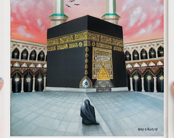 Impression d'art islamique de la kaaba de la Mecque, impression de cadeau pour le hajj de la Omra, hijabi de femme assise devant la kaaba, art de porte kiswah, Masjid Al Haram