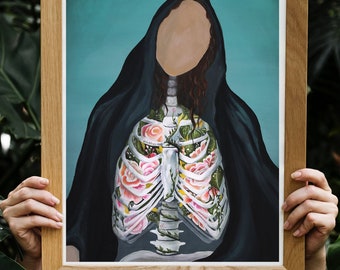 lung ribs Anatomy art, Skeleton painting, skeleton art, lungs, ribcage art Print, floral, hijabi veil, Anatomical Medical Art