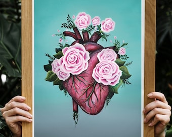 Anatomical Heart with roses Art Print: Medical Anatomical Decor