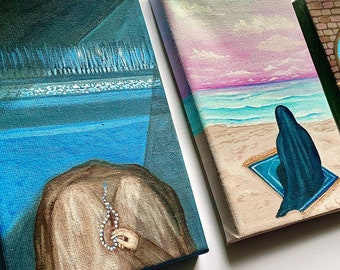 islamic art decor painting, salah, woman hijabi praying, prayer beads, woman reading quran, sujood, painting with easel