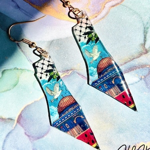 Boucles d'oreilles Palestine, boucles d'oreilles carte de la Palestine, boucle d'oreille keffieh Al-Aqsa, fabriquées à la main (cuivre hypoallergénique plaqué argent 925)