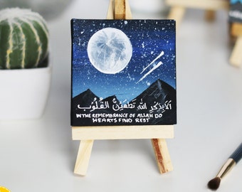 small Islamic wall art decor painting, mini canvas with easel, Moon and shooting stars, wedding favors, islamic canvas painting, galaxy