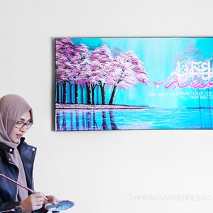 Islamic wall art painting on canvas, pink cherry blossom trees, islamic Calligraphy, verily in the remembrance of allah do hearts find rest image 1