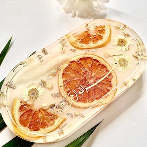 islamic decor jewellery tray, bismillah ring dish, orange slices and flowers preserved in resin