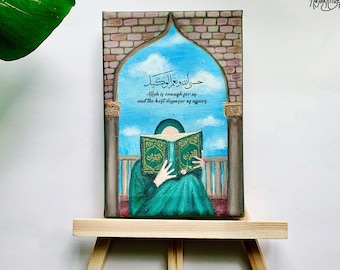 islamic art decor painting, woman hijabi praying art, woman reading quran, sujood, painting with easel