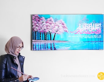 Islamic wall art painting on canvas, pink cherry blossom trees, islamic Calligraphy, verily in the remembrance of allah do hearts find rest