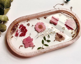 islamic decor tray, pink real dried red flowers in resin, jewellery trinket tray ring dish,