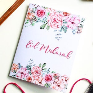 cartão eid mubarak, digital para download, flores, floral, vintage, aquarela, florido rosa