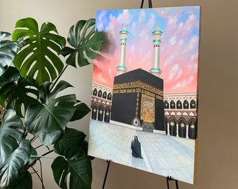 Makkah kaaba islamic PAPER PRINT, woman hijabi sitting in front of the kaaba, Umrah Hajj gift, kiswah kaaba door, Masjid Al Haram