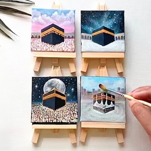 Hajj Umrah gift, kaaba painting, small Islamic mini canvas painting with easel, Hajj mubarak, umrah mubarak, labbayk image 1