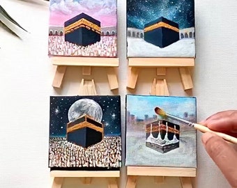 Hajj Umrah gift, kaaba painting, small Islamic mini canvas painting with easel,  Hajj mubarak, umrah mubarak, labbayk