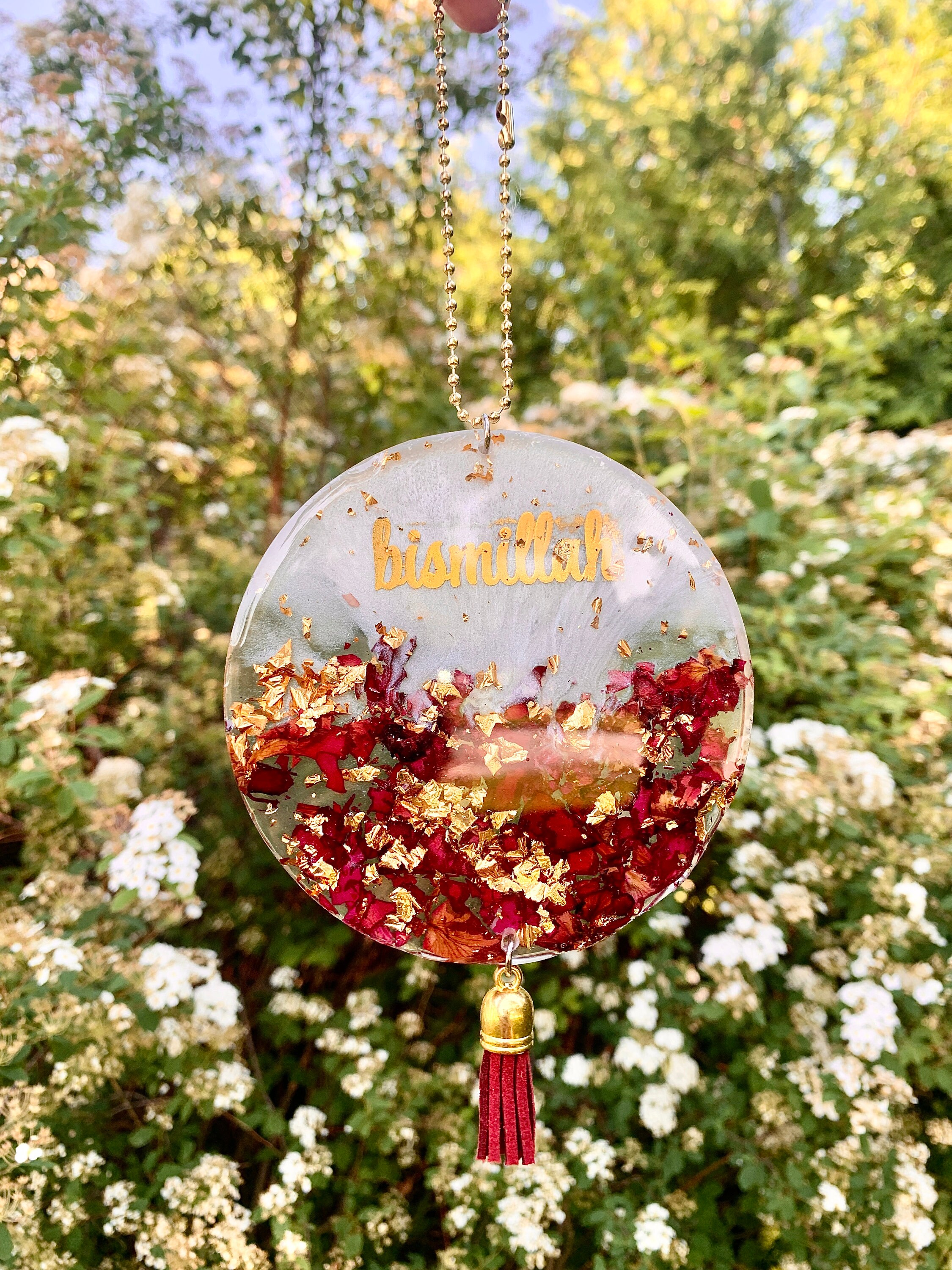 Pendentif Voiture Bismillah Fi Himaya - Rappel Spirituel Islamique, Acrylique, 8x5 Cm, Ruban Satin