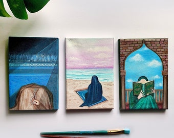 islamic art decor painting, muslim hijabi woman praying salah art, woman reading quran, sujood, painting with easel