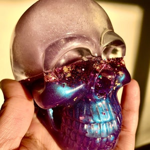 liquid core glitter skull shaker snowglobe. skull decor, Holographic Shaker Skull, fidget stim toy, magical glitter skull paperweight image 1