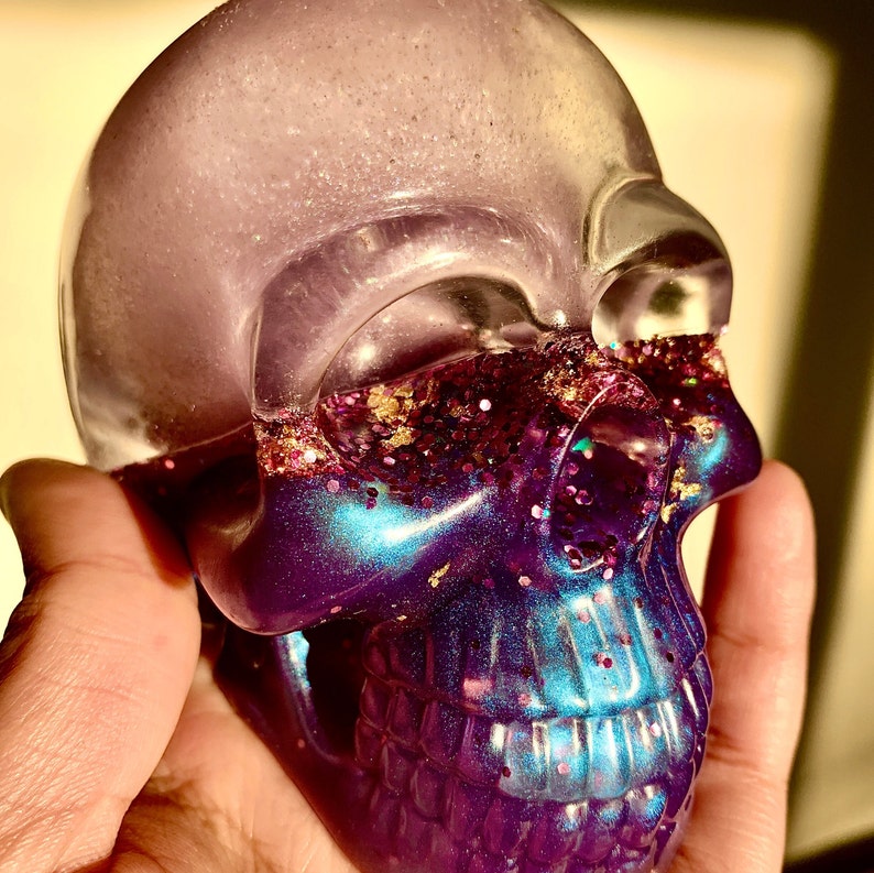 liquid core glitter skull shaker snowglobe. skull decor, Holographic Shaker Skull, fidget stim toy, magical glitter skull paperweight image 1