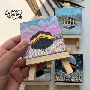 Hajj Umrah gift, kaaba painting, small Islamic mini canvas painting with easel, Hajj mubarak, umrah mubarak, labbayk image 7